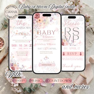 Può includere: Modello digitale di invito per baby shower su tre smartphone. Il design presenta elementi floreali, il testo "Baby in Bloom" e dettagli RSVP. Include un timer per il conto alla rovescia e un link a Google Maps.
