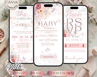 Baby in Bloom Digital Baby Shower Invitation with RSVP Link, Floral Pink Invite for Girl, Butterfly Baby Music Editable Canva Template DI75