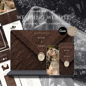 May include: A brown and ivory wedding website template featuring a lace-textured envelope design with a gold wax seal. The digital interface displays the names David and Maria, with sections for RSVP, countdown, photo gallery, and an envelope reveal feature.