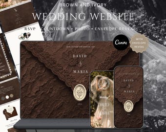 May include: A brown and ivory wedding website template featuring a lace-textured envelope design with a gold wax seal. The digital interface displays the names David and Maria, with sections for RSVP, countdown, photo gallery, and an envelope reveal feature.