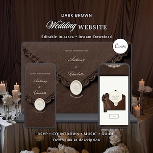 Könnte beinhalten: Eine dunkelbraune Hochzeits-Website-Vorlage auf einem Laptop und zwei Smartphones. Das Design zeigt eine texturierte Umschlag-Grafik mit einem weißen Wachssiegel, den Text "Anthony & Charlotte" sowie "You have an invitation from."