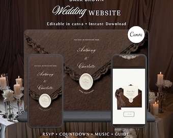 Dark Brown Minimal Wedding Website Template with RSVP, Music and Countdown Timer: DIY Canva Template (Digital Download)