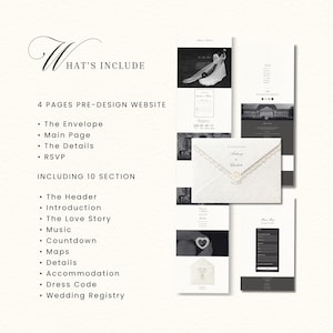 May include: A digital wedding website template featuring four pages: The Envelope, Main Page, The Details, and RSVP. The design includes ten sections such as Header, Introduction, Love Story, Music, Countdown, Maps, Details, Accommodation, Dress Code, and Wedding Registry, displayed in a black and white layout.