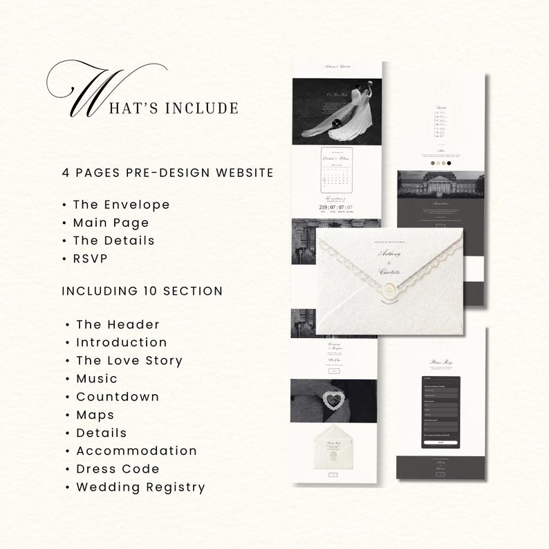 May include: A digital wedding website template featuring four pages: The Envelope, Main Page, The Details, and RSVP. The design includes ten sections such as Header, Introduction, Love Story, Music, Countdown, Maps, Details, Accommodation, Dress Code, and Wedding Registry, displayed in a black and white layout.
