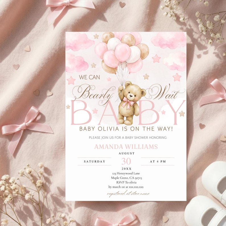 We Can Bearly Wait Baby Shower Invitation Girl, Teddy Bear Pink Balloon ...