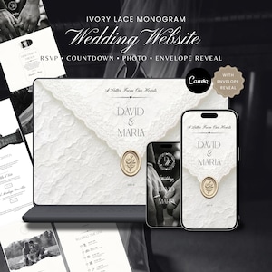 Plantilla web de boda con monograma color marfil, sobre con revelación, confirmación de asistencia, música y temporizador de cuenta regresiva: Plantilla de Canva para crear tú mismo (descarga digital).