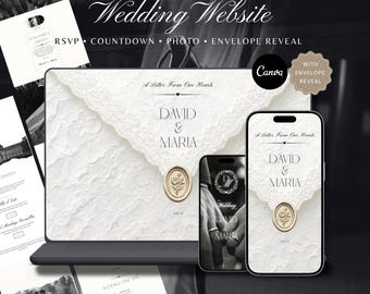 Hochzeitswebsite-Vorlage mit elfenbeinfarbenem Monogramm, inklusive Umschlag-Ankündigung, RSVP-Funktion, Musik und Countdown-Timer: Canva-Vorlage zum Selbermachen (Digitaler Download)