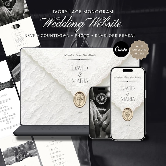 Ivory Monogram Wedding Website Template with Reveal Envelope, RSVP, Music and Countdown Timer: DIY Canva Template (Digital Download)