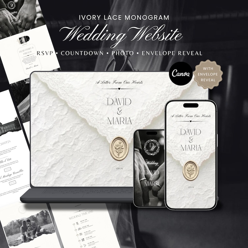 May include: A digital wedding website template featuring an ivory lace envelope design with a gold wax seal. The screen displays the text A Letter From Our Hearts, David & Maria, and Open. The layout includes sections for RSVP, countdown, photos, and envelope reveal.