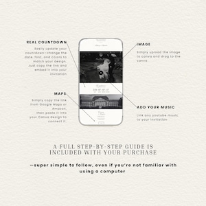 May include: A smartphone screen displaying a digital wedding invitation template with black and white photos, a countdown timer, and map integration. Text labels explain features like real countdown, image upload, maps, and music, with a guide included.