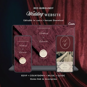 May include: A digital wedding website template displayed on a laptop and two smartphones, featuring a deep red burgundy floral background, white text reading Anthony & Charlotte, and a circular wax seal graphic with a swan design on the screens.