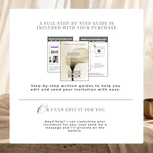 May include: A digital guide book titled Honeycloud Templates with step-by-step tutorials for editing invitations. The text reads A FULL STEP-BY-STEP GUIDE IS INCLUDED WITH YOUR PURCHASE, Step-by-step written guides, OR I CAN EDIT IT FOR YOU.