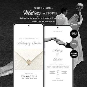 Op de afbeelding: Twee smartphones tonen een wit minimalistisch trouwwebsite-sjabloon met de tekst "White Minimal Wedding Website", "Anthony & Charlotte" en een afteltimer. De schermen tonen een envelopafbeelding met een zegel en een koppel dat handen vasthoudt.