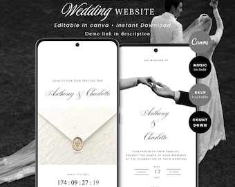 White Minimalist Wedding Website Template with RSVP, Countdown and Music: DIY Canva Template (Digital Download)