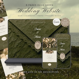 May include: A digital wedding website template featuring six pages in olive green. The design displays an envelope with lace texture and a wax seal, with text reading David & Maria. The layout is shown on a laptop and two mobile devices.