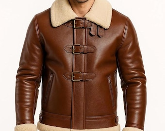 New Men's Brown Genuine Sheepskin Shearling Bomber Flying Aviator Leather Jacket