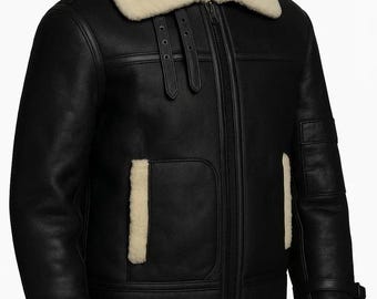 Herren Schwarz B3 Bomber Flying Aviator Echtes Schaffell Leder Shearling Jacke