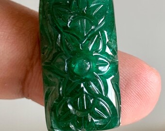 Natural Zambian Emerald Flower Carving 31x14mm, Hand Carved Emerald Cabochon, Rectangular Loose Gemstone, Craft Supplies (18.65 Carats)