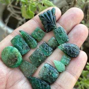 May include: A selection of carved emerald gemstones in diverse shapes, such as ovals, squares, and leaf designs. The gemstones are a rich green hue and display detailed floral and leaf carvings. The gemstones are held in a hand.