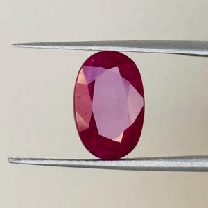 Puede incluir: Un rubí de talla ovalada, sujeto por unas pinzas plateadas. El rubí muestra un tono rojo intenso con facetas que capturan la luz, creando un efecto brillante. La gema es el punto focal sobre un fondo neutro.