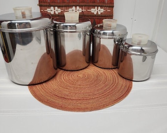 Vintage Revere Ware 1801 Tell-U-Top Nesting Canisters Set Of 4 Lucite Knobs1960s