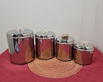 Vintage Revere Ware 1801 Tell-U-Top Nesting Canisters Set Of 4 Lucite Knobs1960s