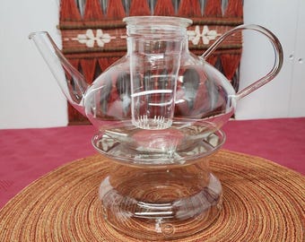 MCM Schott Verran helderglazen theepot met zetgroep, verwarmende basis en deksel Bauhaus Duitsland