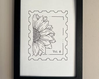 Originele A5-tekening bloemeninkt, fijne lijntekeningen, handgemaakt, niet ingelijst