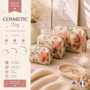 May include: Cosmetic bag sewing pattern in three sizes: small, medium, and large. The bags have a floral design and a zip closure. The image also includes a candle, jewellery, and a framed floral print.