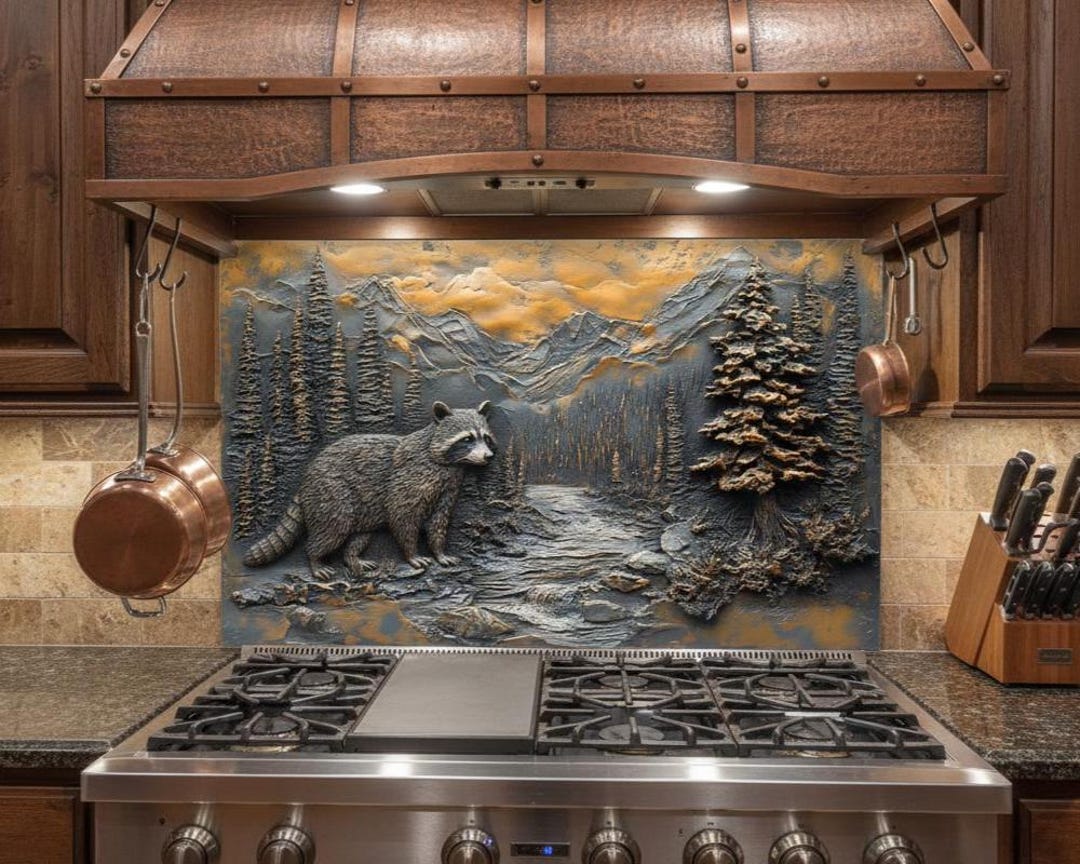 Copper Racoon Copper Raccoon Tempered Glass Wall Art Backsplash | Rustic Kitchen ...