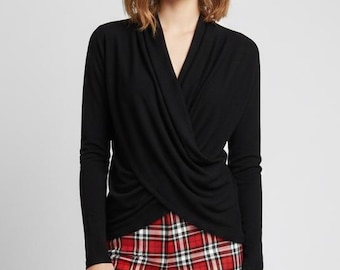 Convertible Black Cardigan: Rayon Spandex Knit Draped Wrap Top