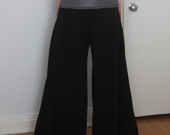Knit Palazzo Wide leg Pants Black Stretch Culottes Trousers Floor length Flared Skirt pants