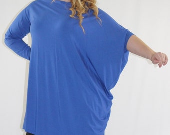 Oversize Tunic Loose Fit Tunic blue short dress Draped batwing dolman Long sleeve Asymmetric relaxed fit tunic Boho Women Top Made to Order