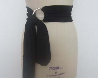 Black Tie Belt with Ring Buckle - Handmade Convertible Sash Multi Style Belt