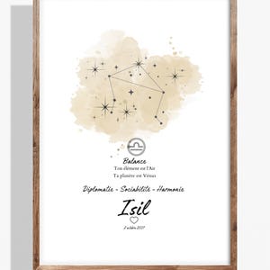 Puede incluir: Impresión enmarcada con el símbolo astrológico de Libra y su constelación, sobre un fondo de acuarela. El texto incluye "Balance", "Isil" y otra información. El marco es de madera.