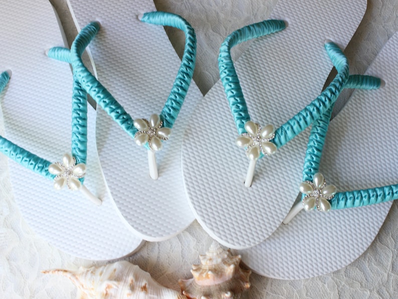 Bridal luncheon favors Custom Wedding shoes Bridesmaid gift Bachelorette party favors FLIP FLOPS 6 Pairs AQUA Blue Wedding sandals