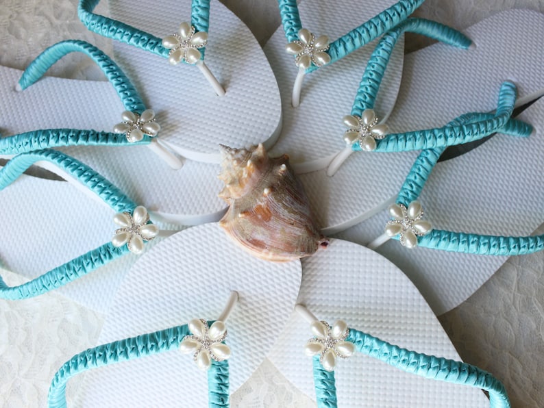 Bridal luncheon favors Custom Wedding shoes Bridesmaid gift Bachelorette party favors FLIP FLOPS 6 Pairs AQUA Blue Wedding sandals