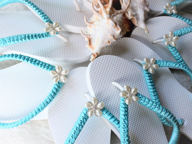 Bridal luncheon favors Custom Wedding shoes Bridesmaid gift Bachelorette party favors FLIP FLOPS 6 Pairs AQUA Blue Wedding sandals