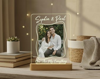 Lampe LED Personnalisable LOVE Avec Photo - Forme Cœur, Bois Et Acrylique, Alimentation USB, Neuf
