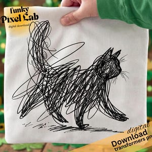 May include: A white tote bag featuring a black scribble art cat design. The cat is depicted in a walking pose, created with continuous lines. The bag has the text "funky Pixel Lab digital download" and "digital Download transformers png".