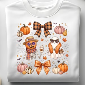 Fancy Halloween Ghost Png, Coquette Pumpkin Skeleton Png, Plaid Bow Halloween Png, Glam Ghost Leopard Png, Fall Gift Design
