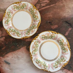 May include: Two white porcelain plates with gold rims and decorative floral patterns in pink and green. The plates have a scalloped edge and a gold border around the central white area. A classic tableware set.