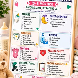 May include: A printable checklist titled New Born Baby Essentials Checklist 0-6 Months, featuring categories for feeding, sleep, diapering, hygiene, clothing, health, and travel. The document includes checkboxes, colorful icons, and text.