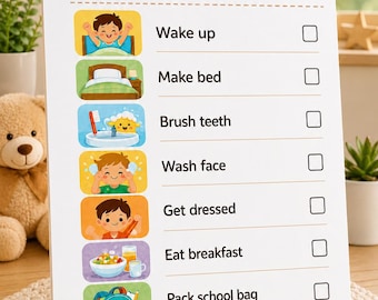 May include: A white rectangular chart titled MY MORNING ROUTINE with a yellow sun icon. It features eight illustrated steps including wake up, make bed, brush teeth, wash face, get dressed, eat breakfast, pack school bag, and put on shoes with checkboxes.