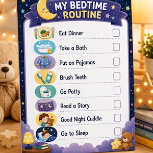 Può includere: Una tabella rettangolare per la routine della buonanotte con uno sfondo blu notte, stelle e una luna crescente. La tabella elenca attività come Eat Dinner, Take a Bath, Put on Pajamas, Brush Teeth, Go Potty, Read a Story, Good Night Cuddle e Go to Sleep, ognuna accompagnata da un'icona colorata e una casella vuota.