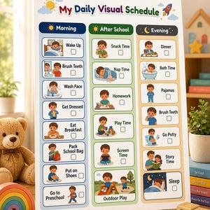 May include: A white rectangular daily visual schedule chart with the title My Daily Visual Schedule. It features three vertical columns labeled Morning, After School, and Evening, each containing illustrated tasks with checkboxes for tracking.