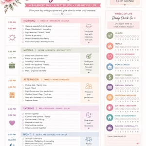 Könnte beinhalten: Ein rosa-weißer Tagesplaner mit floralen Akzenten. Der Planer enthält Abschnitte für Morgen-, Mittags-, Nachmittags-, Abend- und Nachtaktivitäten sowie ein Lebensrad-Check-in.