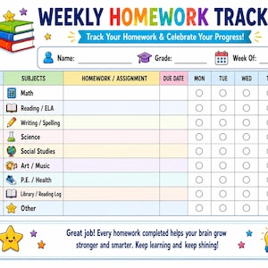 May include: A weekly homework tracker chart with a colorful header, a section for name, grade, and week, and a table listing nine subjects with icons. The chart includes columns for assignments, due dates, days of the week, and a done checkbox.