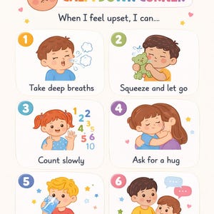 Op de afbeelding: Een kleurrijke illustratie getiteld "Calm Down Corner" met zes stappen om emoties te beheersen. De stappen omvatten diep ademhalen, het knijpen in een speeltje, tellen, om een knuffel vragen, water drinken en over gevoelens praten. De afbeelding toont cartoonkinderen.