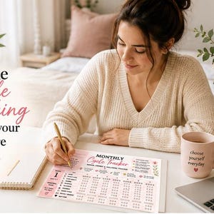 May include: A monthly cycle tracker paper sheet with pink and black text and floral accents. The tracker includes columns for dates, symptoms, and wellness notes. The text reads "MONTHLY Cycle Tracker" and "PERIOD ENERGY & WELLNESS TRACKER".